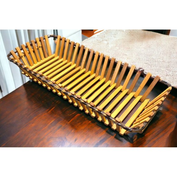 Vintage Wood Slat Bread Basket Rectangular Fruit Tray Fruit Storage 14 Inch - Picture 1 of 11